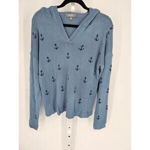 Marled by Reunited Women's Blue Anchor V-neck Knitted Hooded Sweater Size L